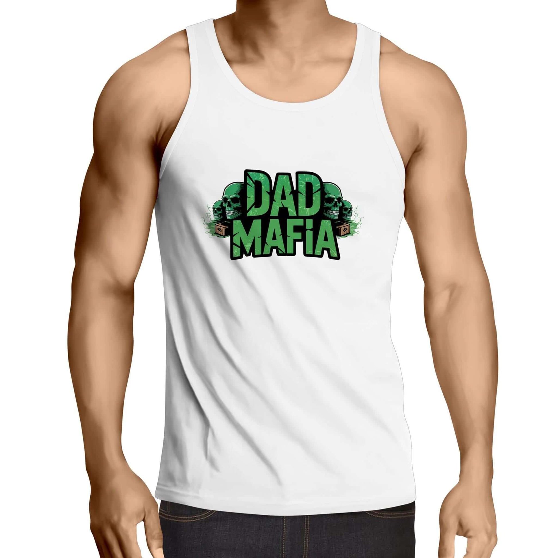DAD MAFIA men's singlet top featuring distressed black lettering and neon green skull accents, perfect for casual occasions.