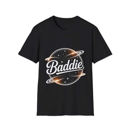 Unisex black soft-style t-shirt featuring retro 'Baddie' universe design with planets and stars.