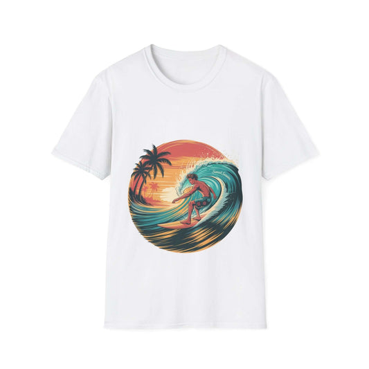 Vintage surfer T-shirt with vibrant wave print and sunset, perfect for beach lovers and surf enthusiasts.