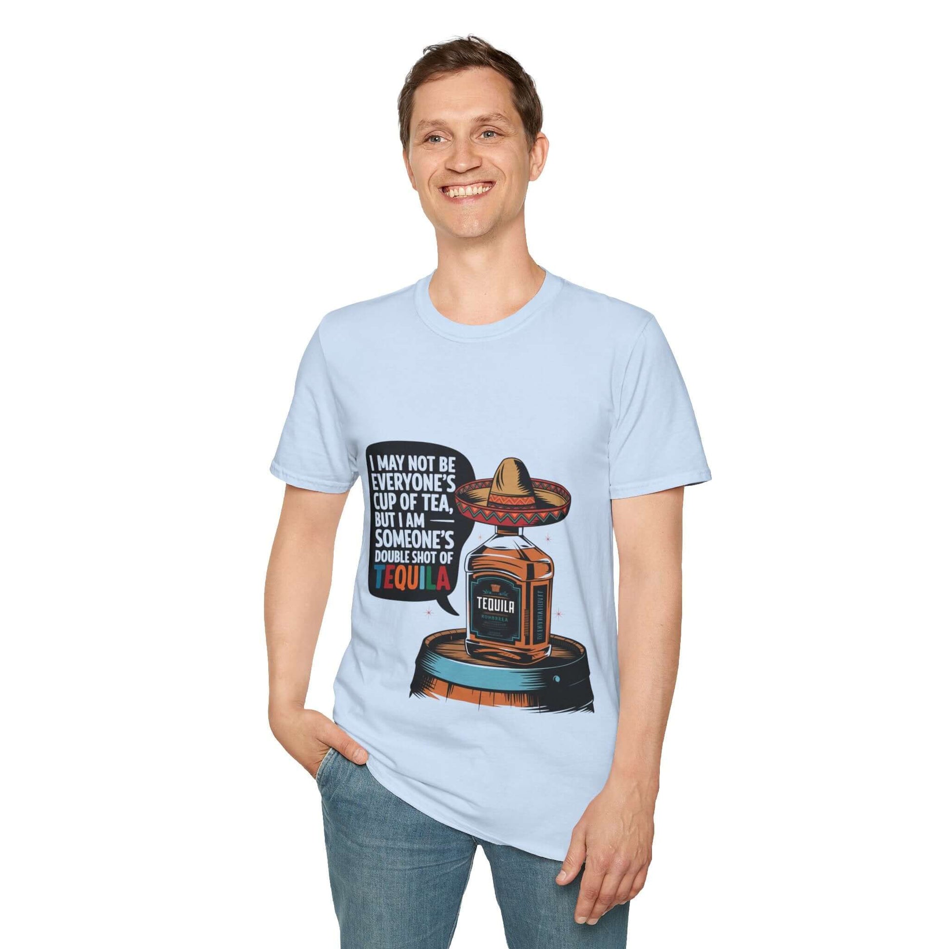 Funny T-shirt featuring a tequila bottle wearing a sombrero with a humorous quote, perfect for parties and Cinco de Mayo.