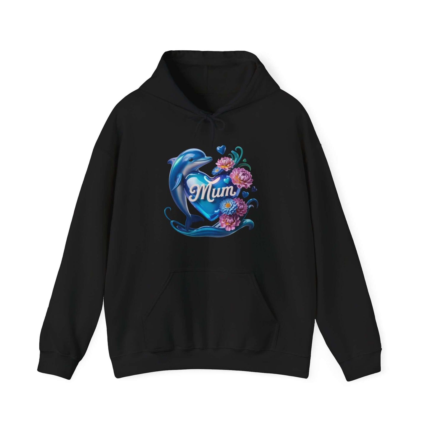 Cozy unisex hoodie featuring a dolphin holding 'Mum' heart with flowers, perfect gift for Mother's Day.