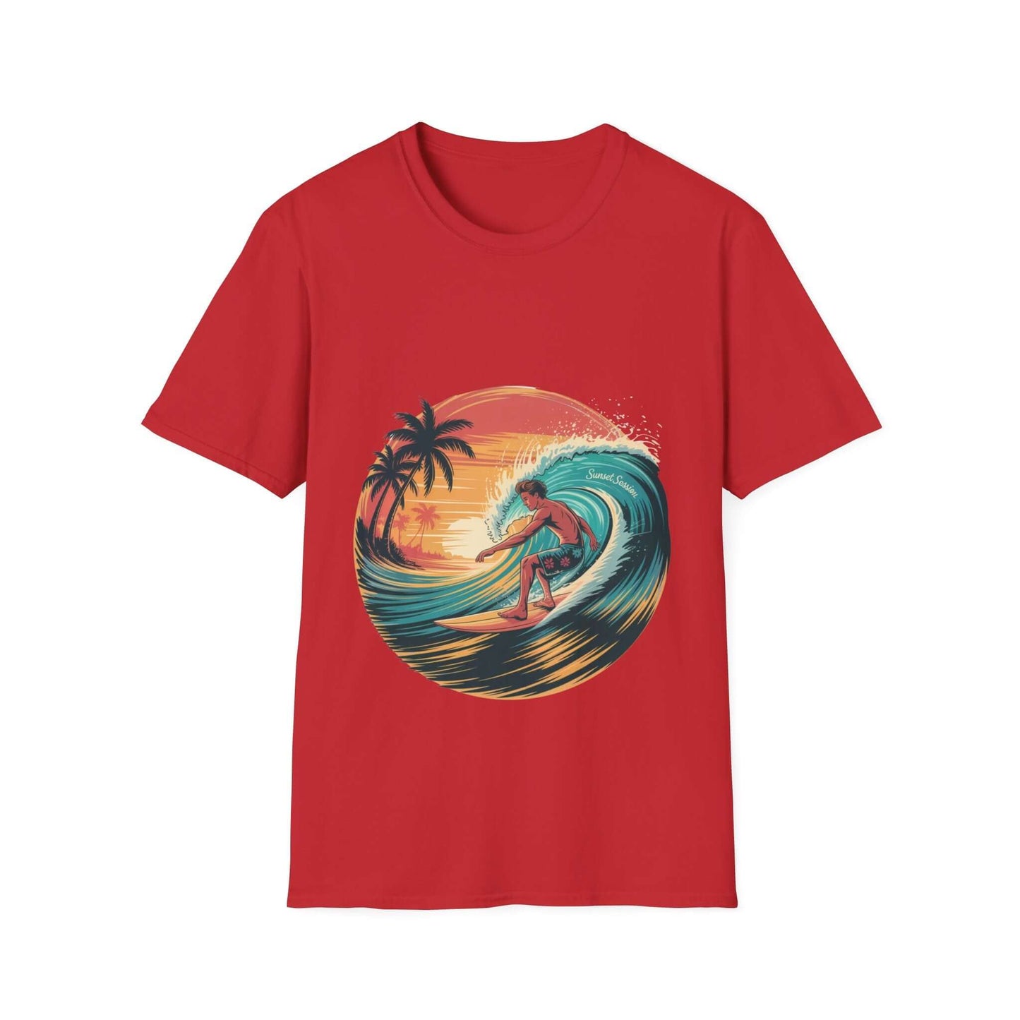 Vintage surfer T-shirt in red featuring a lone surfer on a turquoise wave with sunset and palm trees design.