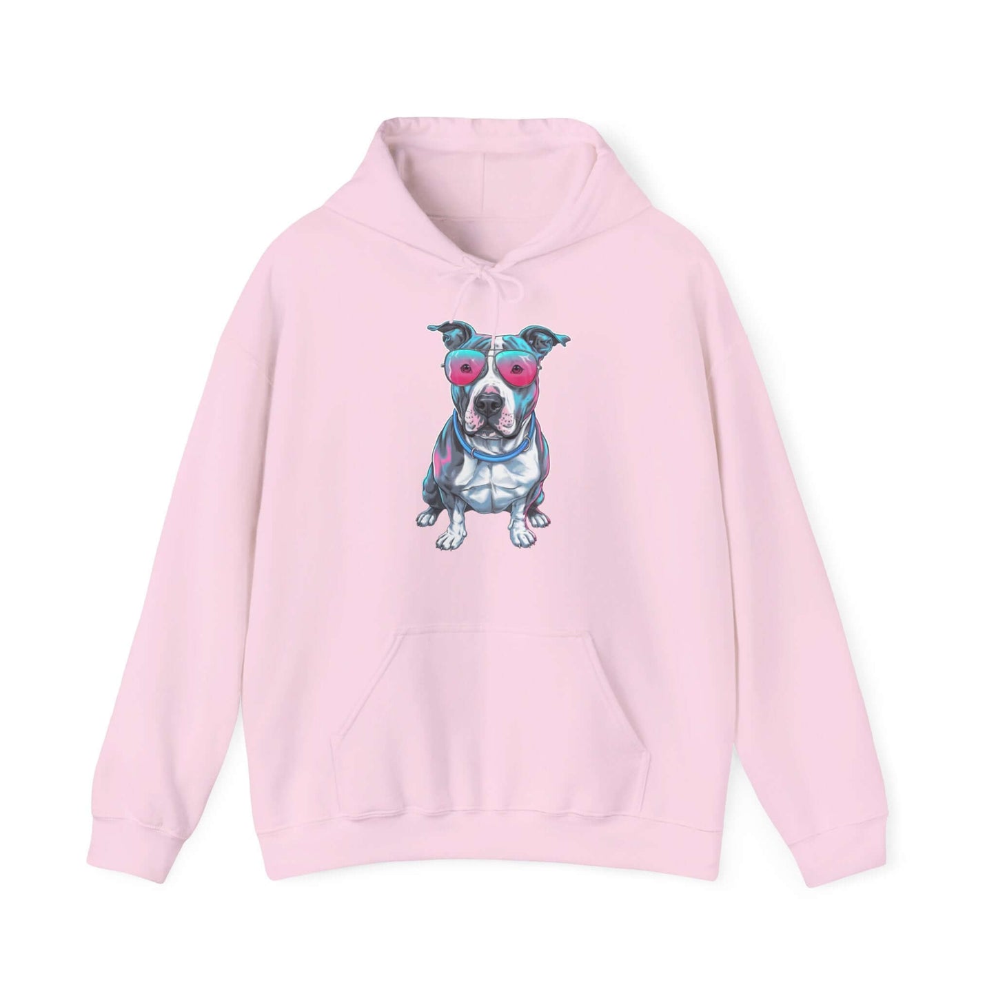 Pink hoodie featuring a pit bull wearing pink sunglasses with a synth-wave retro design, perfect for casual wear.