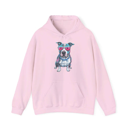 Pink hoodie featuring a pit bull wearing pink sunglasses with a synth-wave retro design, perfect for casual wear.