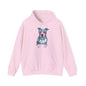 Pink hoodie featuring a pit bull wearing pink sunglasses with a synth-wave retro design, perfect for casual wear.