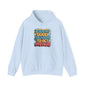 Hooded sweatshirt featuring a colorful funny quote: 'I see no good reason to act my age', perfect for humorous adults.