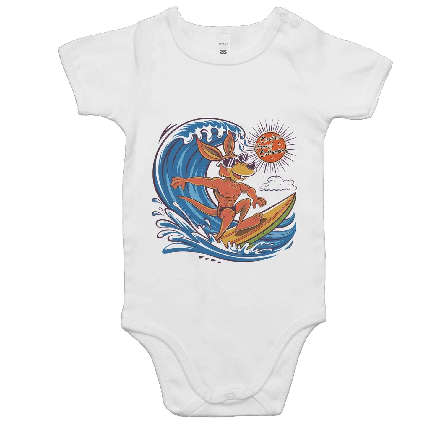 Baby onesie featuring a cool kangaroo surfing design, perfect for beach lovers and summer vibes.