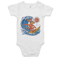 Baby onesie featuring a cool kangaroo surfing design, perfect for beach lovers and summer vibes.