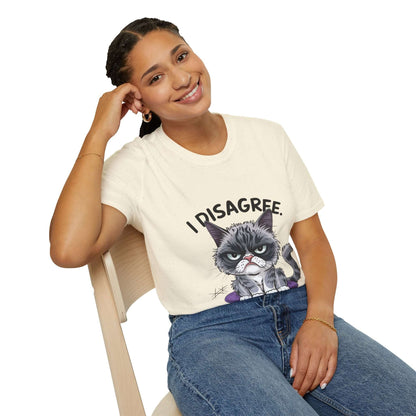 Unisex Grumpy Cat T-shirt with funny quote "I disagree" for casual wear, adding humor to everyday outfits.