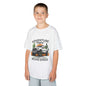 Kids T-shirt featuring off road truck in a sunset desert with text 'Adventure begins where the road ends'.