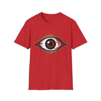 Unisex red T-shirt featuring a striking bloody brown eye design, perfect for music festivals and Halloween events.