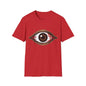 Unisex red T-shirt featuring a striking bloody brown eye design, perfect for music festivals and Halloween events.