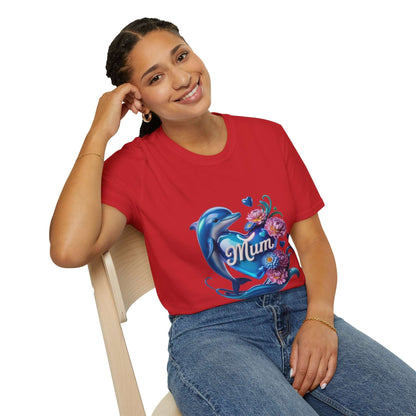 Dolphin Heart Mum T-Shirt featuring a dolphin and flowers, perfect for Mother's Day, in a classic fit.