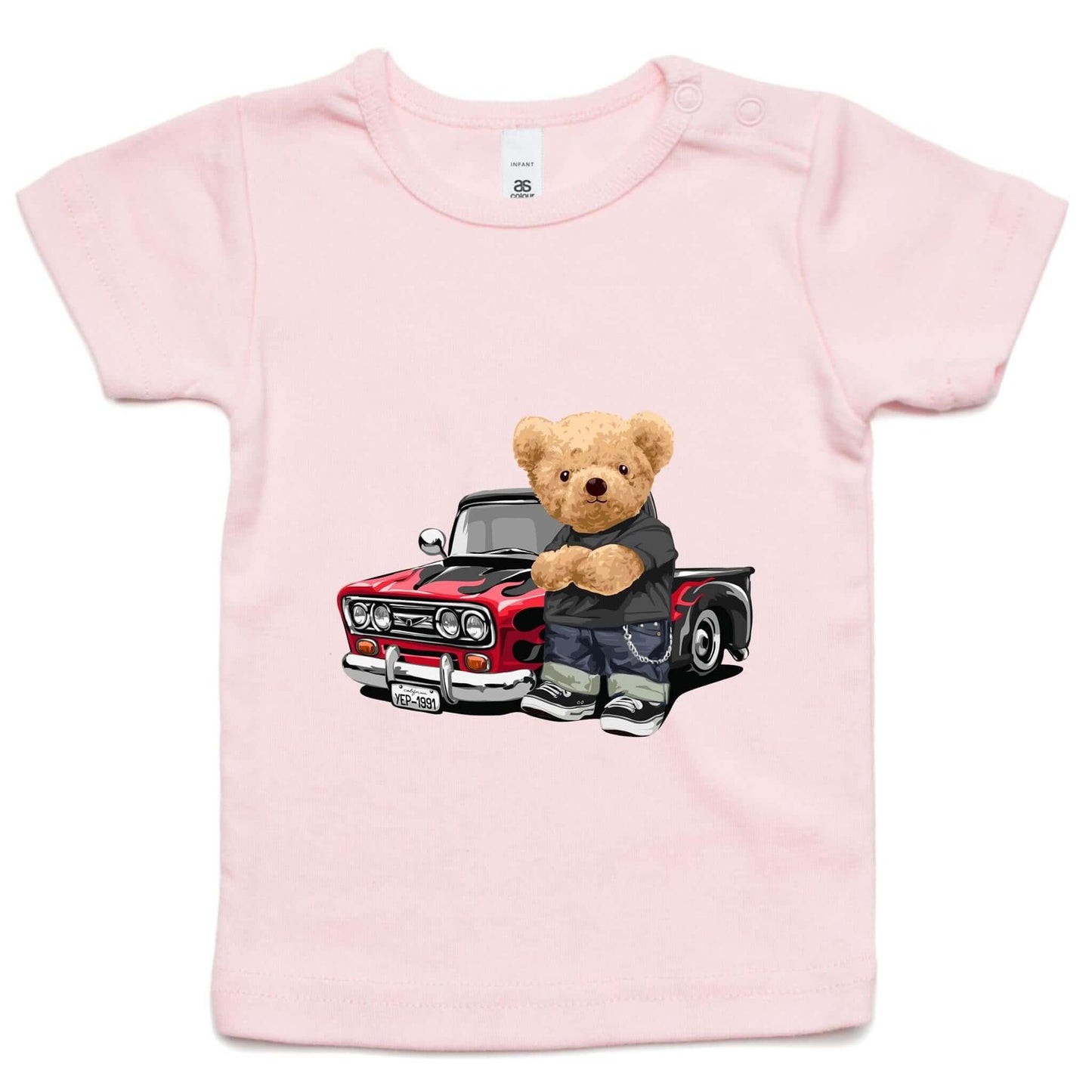 Cute infant tee featuring an adorable teddy bear with a vintage pickup truck design, perfect for car lovers.