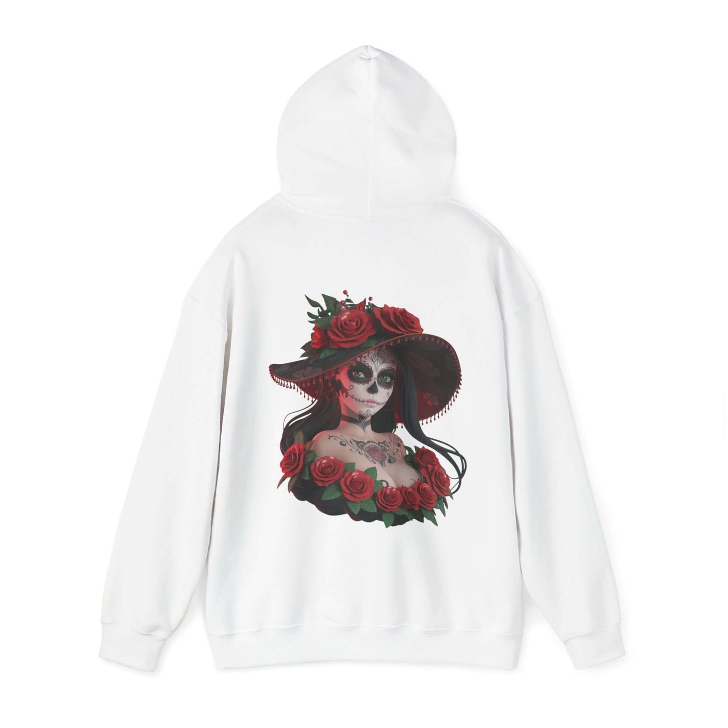 Chibi sugar skull woman hoodie design featuring roses, perfect for Halloween and Day of the Dead celebrations.