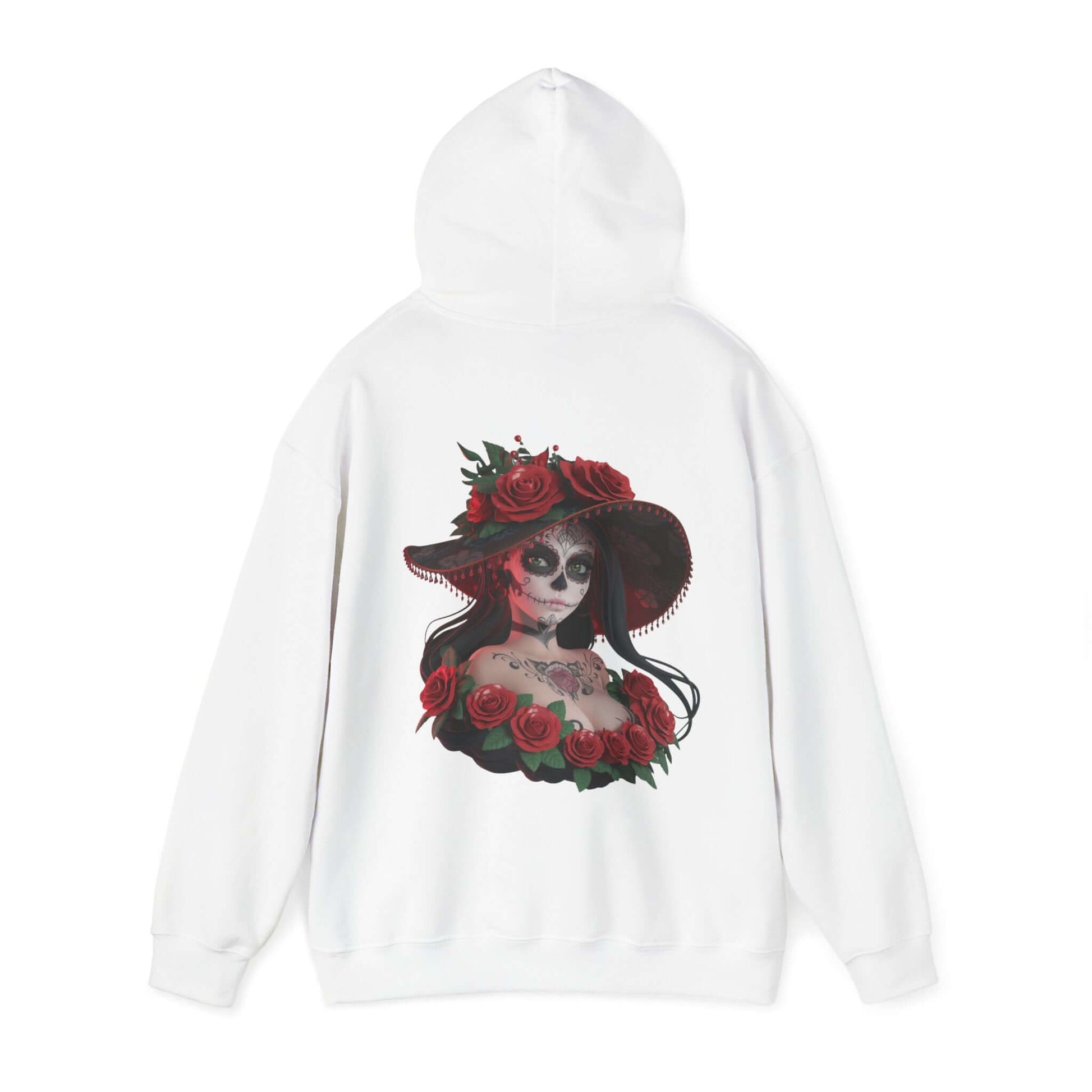 Chibi sugar skull woman hoodie design featuring roses, perfect for Halloween and Day of the Dead celebrations.