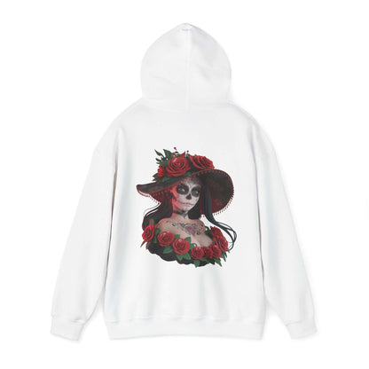 Chibi sugar skull woman hoodie design featuring roses, perfect for Halloween and Day of the Dead celebrations.