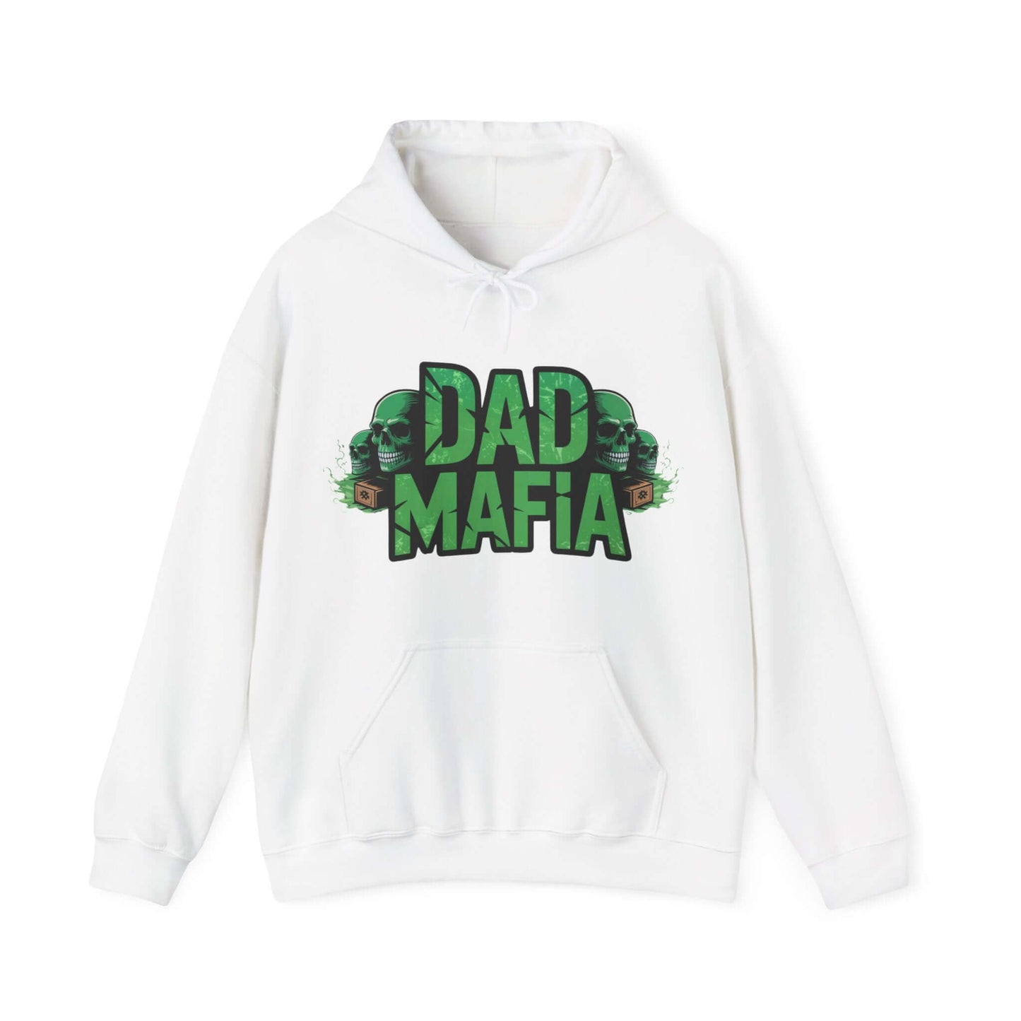 DAD MAFIA unisex hoodie featuring distressed black lettering and neon green skull accents, perfect for casual occasions.