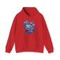 Cozy red hoodie featuring a dolphin holding a heart with 'Mum' text and floral design, perfect for Mother's Day.