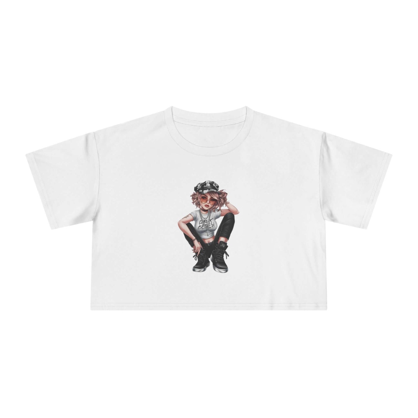 Crop tee featuring a young girl in urban streetwear design, perfect for trendy and relaxed summer style.