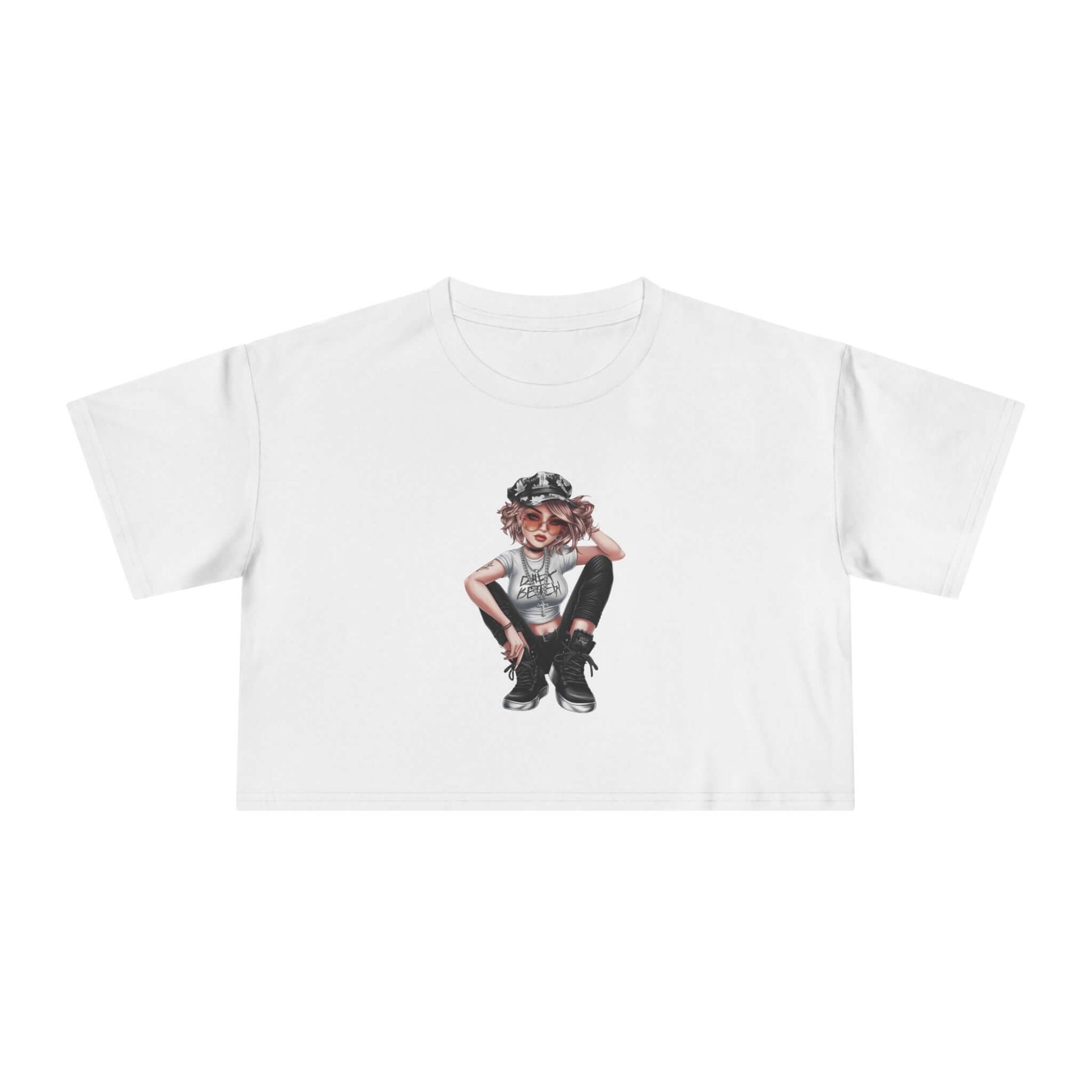 Crop tee featuring a young girl in urban streetwear design, perfect for trendy and relaxed summer style.