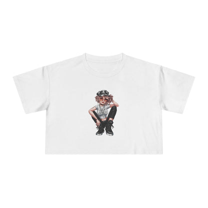 Crop tee featuring a young girl in urban streetwear design, perfect for trendy and relaxed summer style.