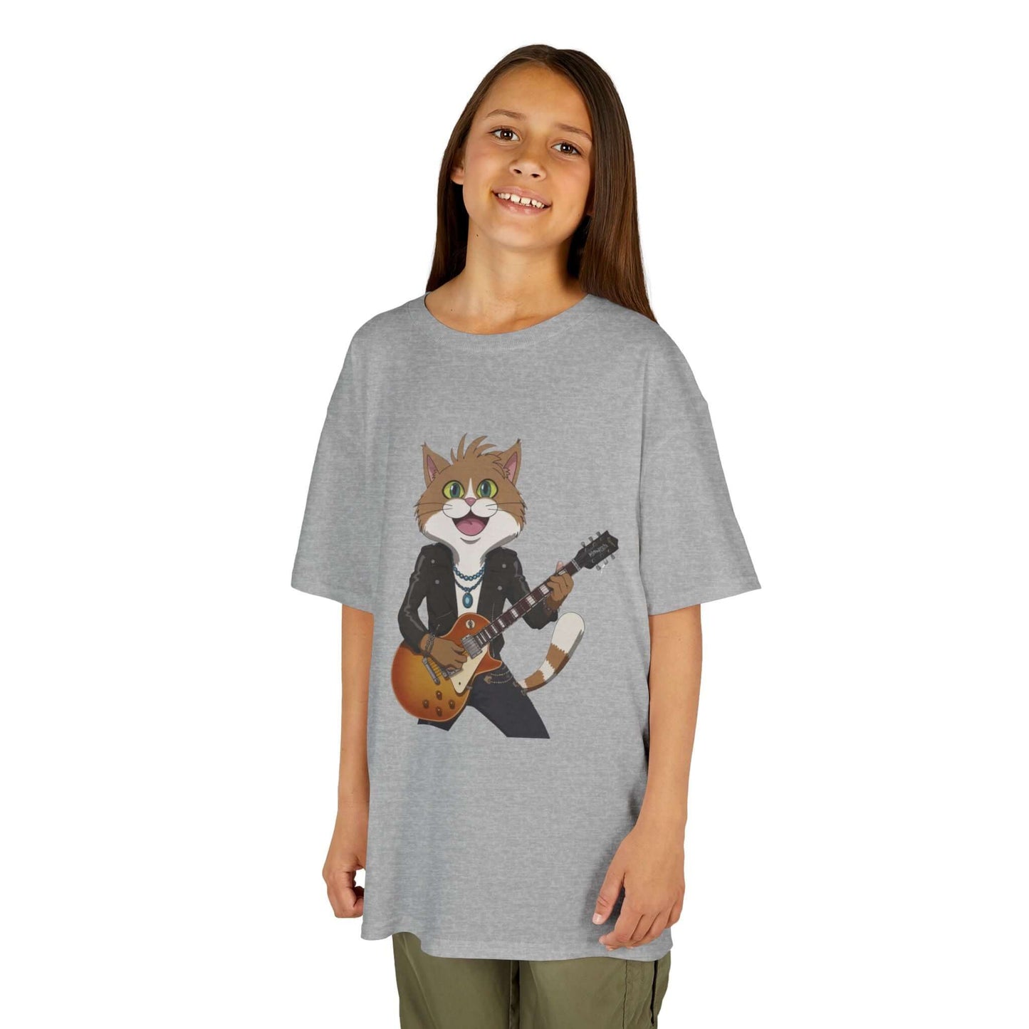 Kid's T-shirt with Rock and Roll Cat Playing Guitar design for children, perfect for music and cat lovers.