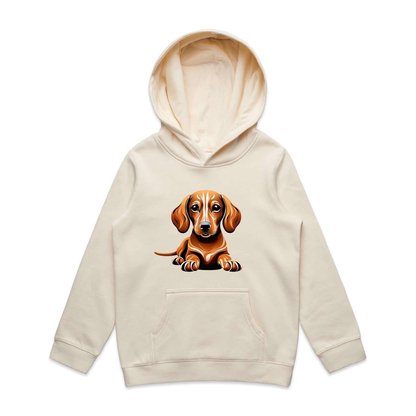 Cute tan Dachshund puppy - Sausage dog graphic on a kid's hoodie for dog lovers and animal lovers.
