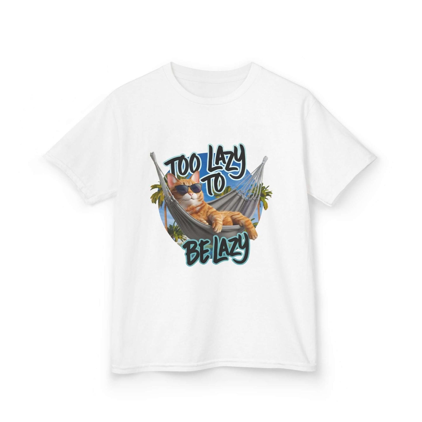 Kids tee with lazy cat at beach design and text 'Too Lazy to be Lazy', relaxed vibe for summer fun.