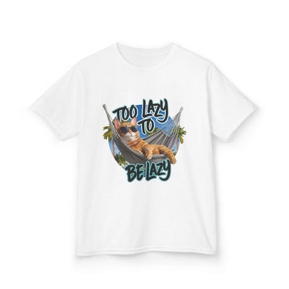 Kids tee with lazy cat at beach design and text 'Too Lazy to be Lazy', relaxed vibe for summer fun.