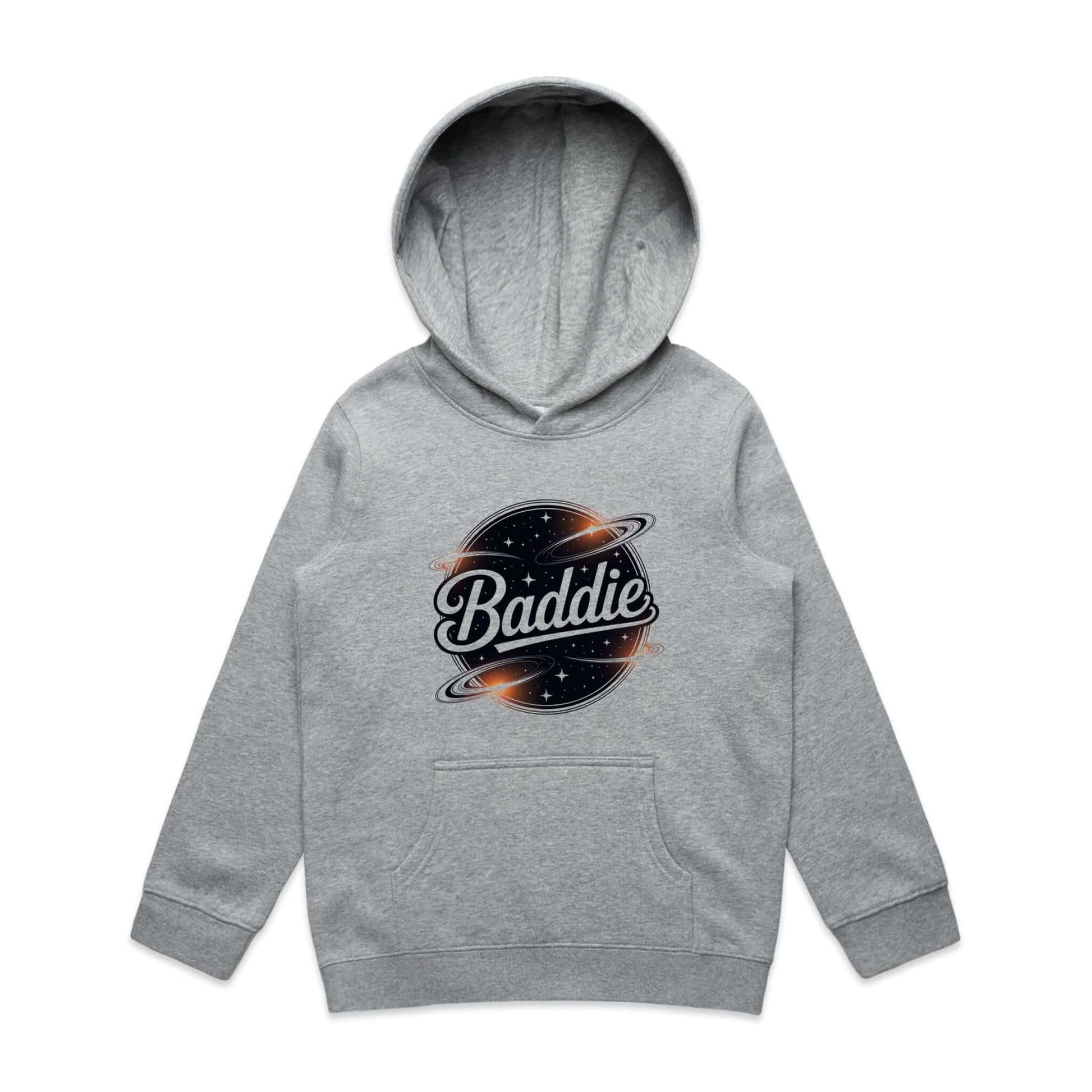 Hooded jumper featuring 'Baddie' universe design with retro vibe, perfect for trendy casual wear.