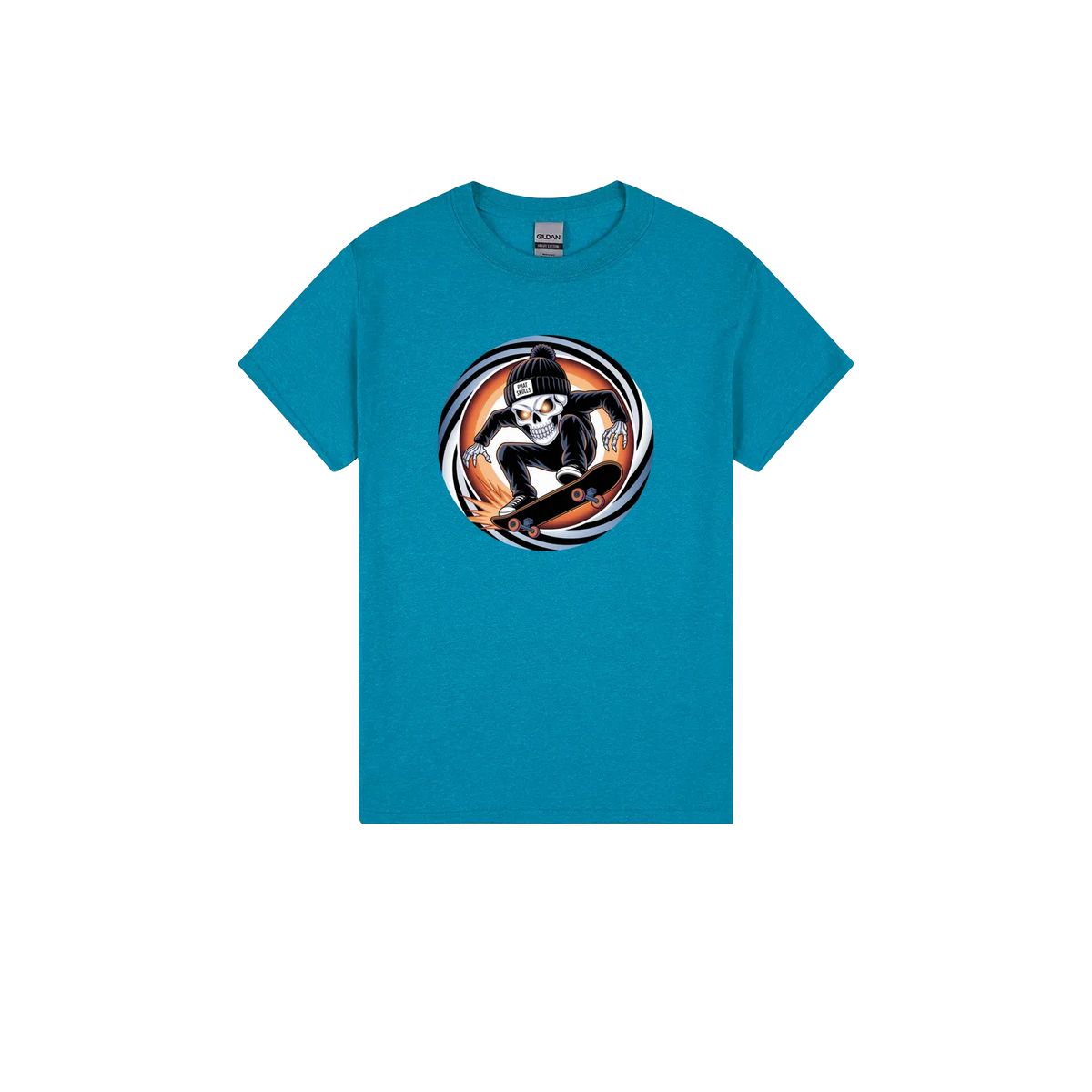 Shop the Phat Skulls Skater T-Shirt by Cookies Trend Collective. Featuring a colourful cartoon skull skater on a Gildan Heavy Cotton tee. Five colours, sizes S–5XL.