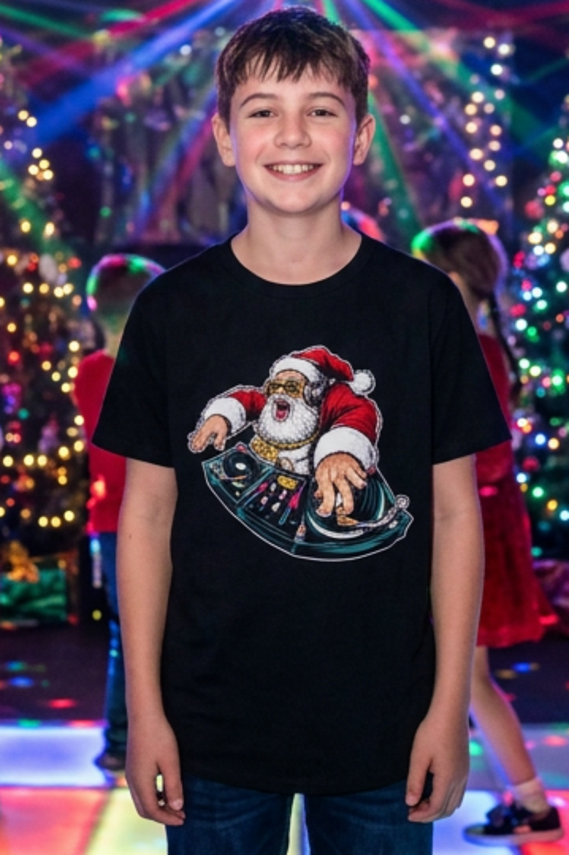 DJ Santa Youth T-Shirt – Funny Christmas DJ Shirt for Kids - authentic product design