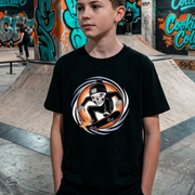 Phat Skulls Skater Youth T-Shirt by Cookies Trend Collective featuring a colourful cartoon skull wearing a beanie and riding a skateboard