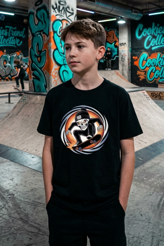 Phat Skulls Skater Youth T-Shirt by Cookies Trend Collective featuring a colourful cartoon skull wearing a beanie and riding a skateboard