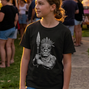 Youth Tiki T-shirt by Cookies Trend Collective featuring a black-and-white tribal character holding a spear