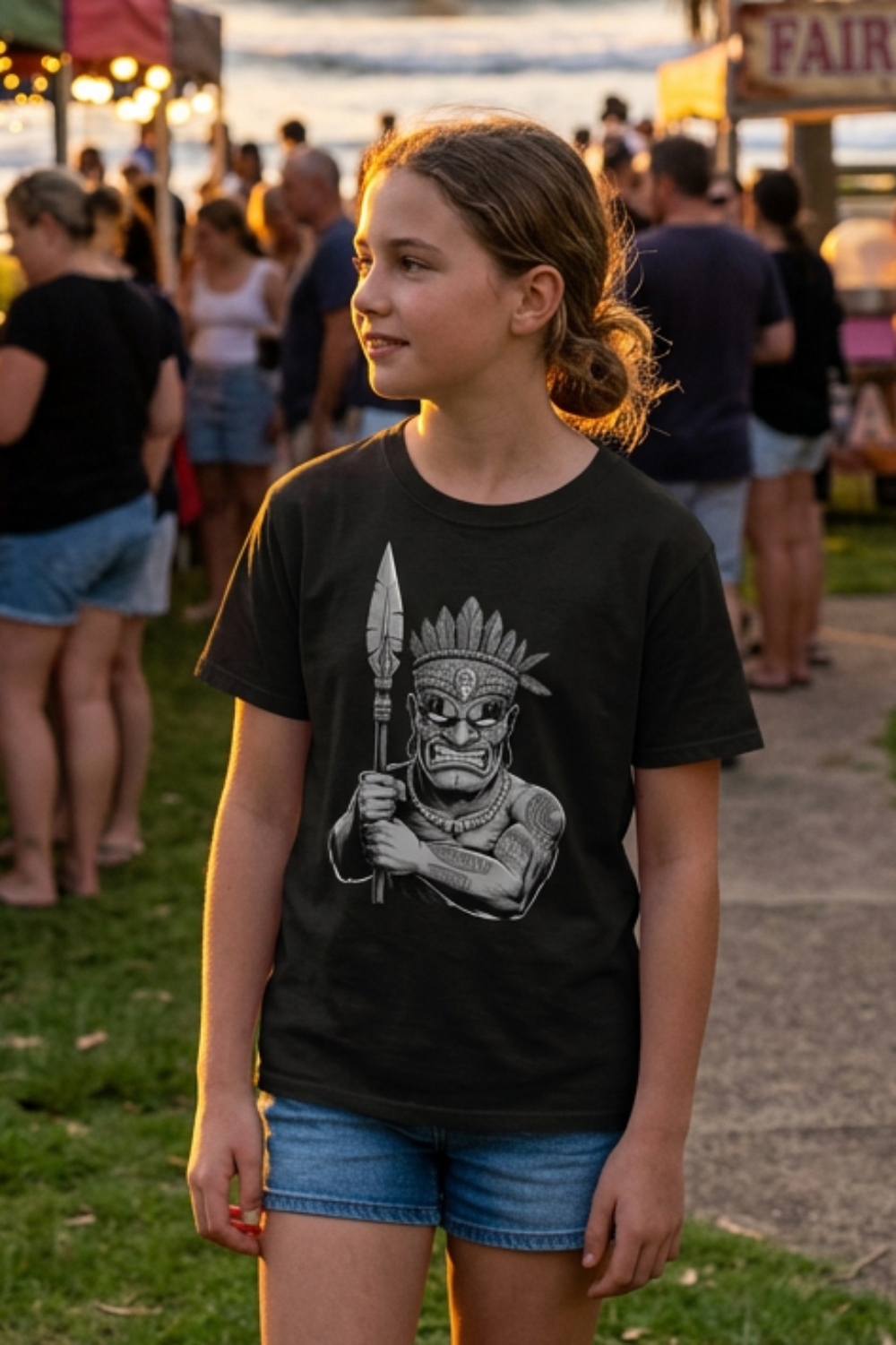Youth Tiki T-shirt by Cookies Trend Collective featuring a black-and-white tribal character holding a spear
