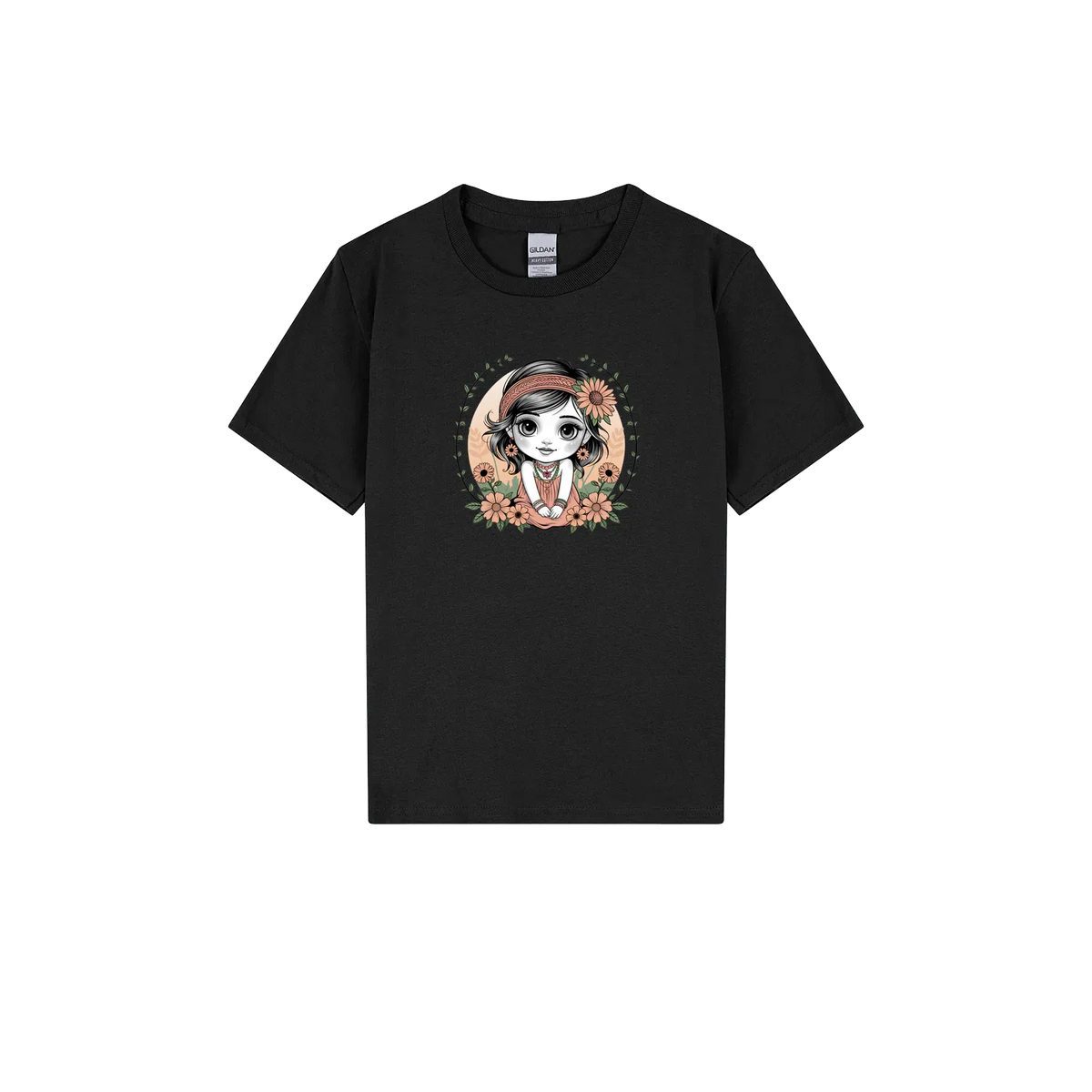 Chibi Girl Garden Youth T-Shirt by Cookies Trend Collective featuring a colourful cartoon girl surrounded by flowers