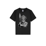 Youth Tiki T-shirt by Cookies Trend Collective featuring a black-and-white tribal character holding a spear