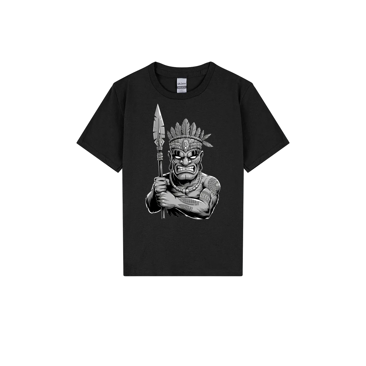 Youth Tiki T-shirt by Cookies Trend Collective featuring a black-and-white tribal character holding a spear