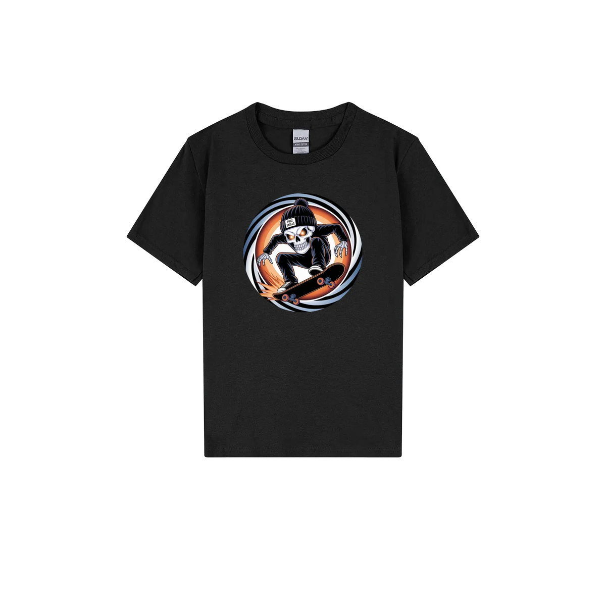 Phat Skulls Skater Youth T-Shirt by Cookies Trend Collective featuring a colourful cartoon skull wearing a beanie and riding a skateboard