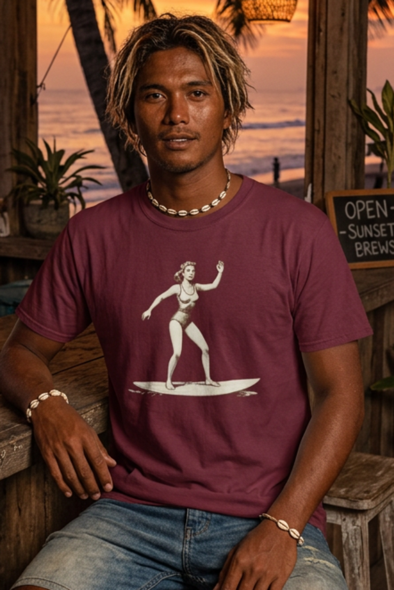 Mermaid Surfer T-Shirt – Retro 70s Surf Graphic Tee - authentic product design