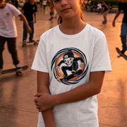 Phat Skulls Skater Youth T-Shirt by Cookies Trend Collective featuring a colourful cartoon skull wearing a beanie and riding a skateboard