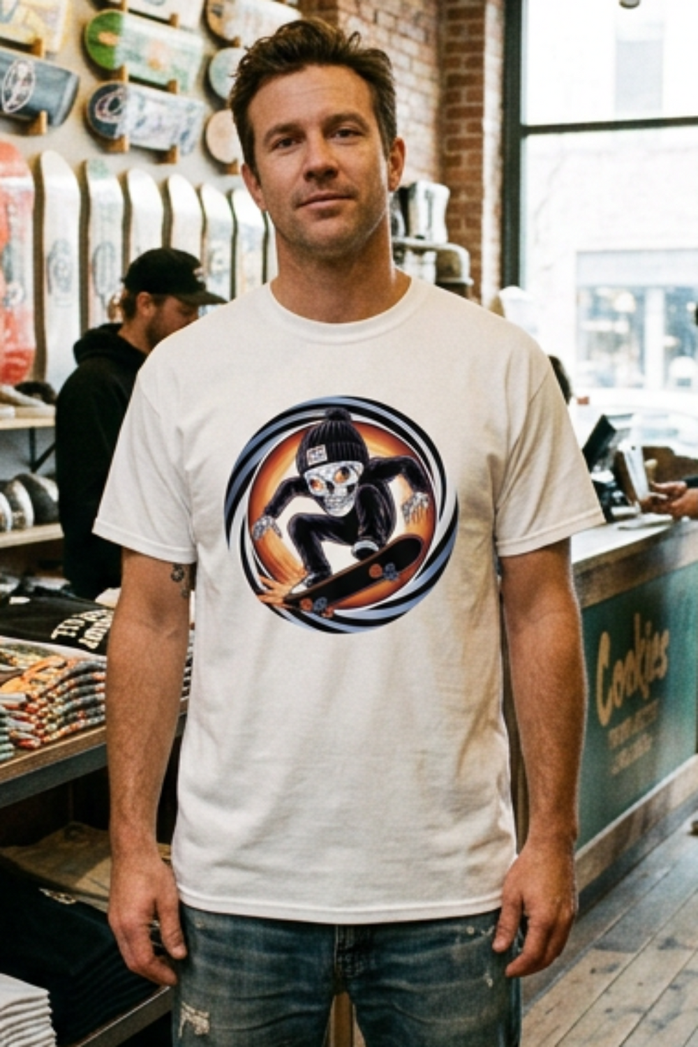 Shop the Phat Skulls Skater T-Shirt by Cookies Trend Collective. Featuring a colourful cartoon skull skater on a Gildan Heavy Cotton tee. Five colours, sizes S–5XL.