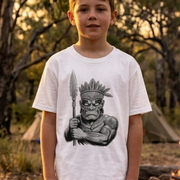 Youth Tiki T-shirt by Cookies Trend Collective featuring a black-and-white tribal character holding a spear