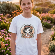Chibi Girl Garden Youth T-Shirt by Cookies Trend Collective featuring a colourful cartoon girl surrounded by flowers