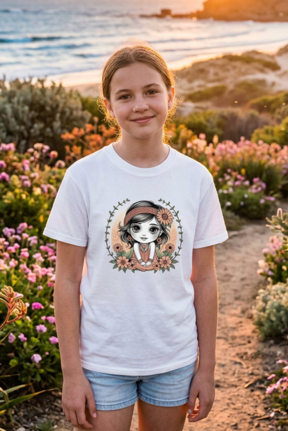 Chibi Girl Garden Youth T-Shirt by Cookies Trend Collective featuring a colourful cartoon girl surrounded by flowers