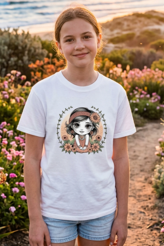 Chibi Girl Garden Youth T-Shirt by Cookies Trend Collective featuring a colourful cartoon girl surrounded by flowers