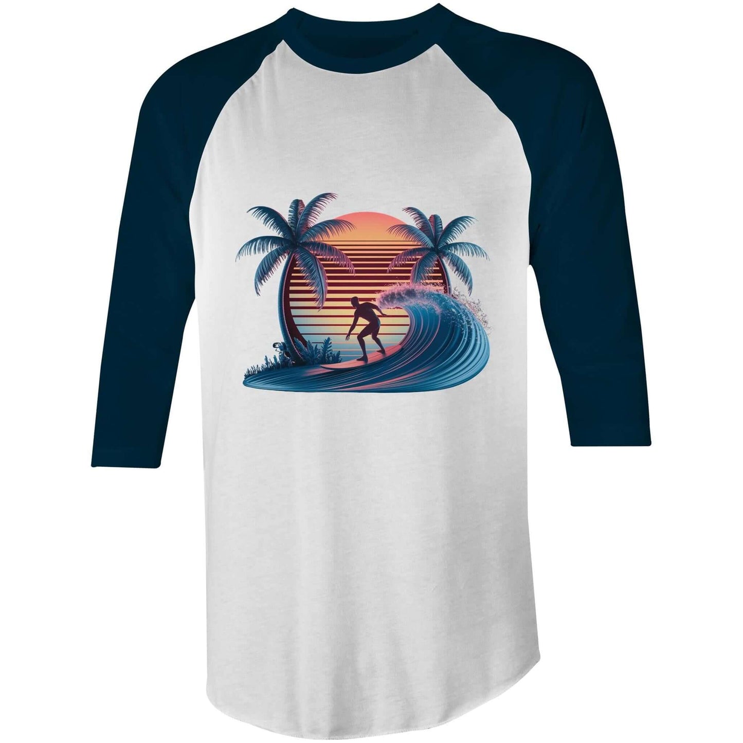 3/4 sleeve tee with sunset surfer illustration, palm trees, and synth-wave effect on the back, perfect for beach culture.
