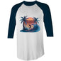 3/4 sleeve tee with sunset surfer illustration, palm trees, and synth-wave effect on the back, perfect for beach culture.